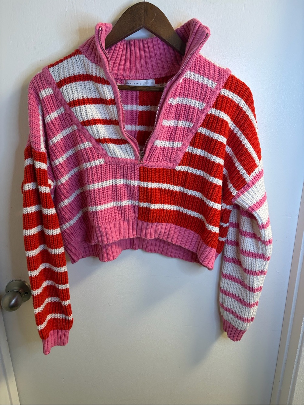 Altar’d State Pink Red Striped Quarter Zip Sweater M Cropped Colorblock Knit - Picture 7 of 15